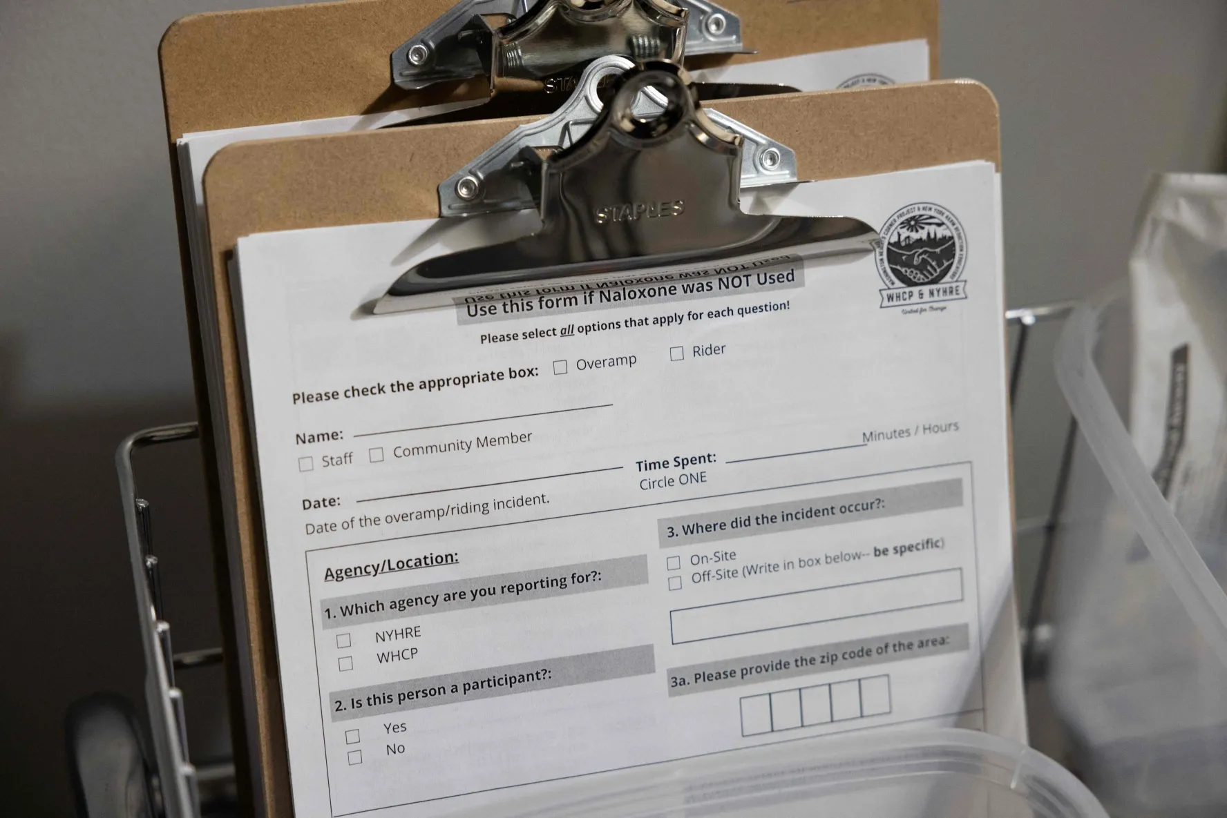 In this November 30, 2021 photo, information forms are shown during the media tour of the supervised drug injection site OnPoint, in New York. (Yuki Iwamura/AFP via Getty Images)